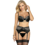 SUBBLIME - LOT 3 PIÈCES SOUTIEN-GORGE + STRING + JARRETIÈRE DENTELLE NOIR L/XL
